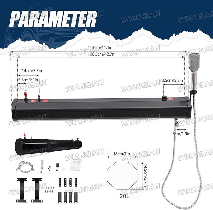 Camping Shower Rinse Kit Roof Rack Mount Road Shower Portable Camping Solar Shower Outdoor Activities Water Supply With Balancing Screws And Metal Feet For Trucks Off Road Vehicles 5.28加仑/20升