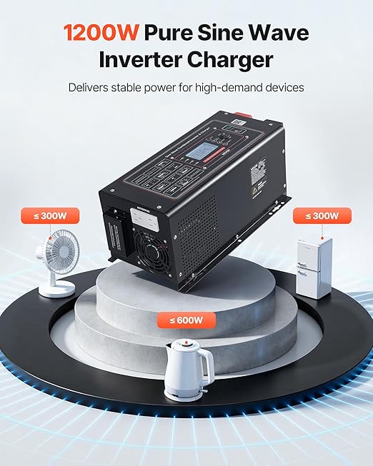 VEVOR Pure Sine Wave Inverter Charger 1200W DC 12V to AC 120V Power Inverter with LCD Display Remote Control Low Frequency for RV Camper Home Compatible with 12V LiFePO4 Lithium Batteries