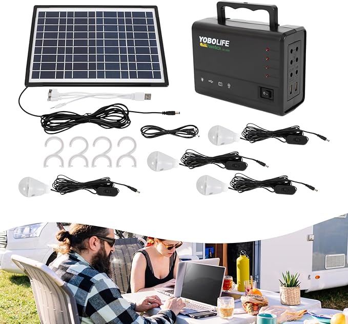 Solar Inverter with Solar Panel &amp 4 LED Lights 12V 4A Portable Power Generator Kit Emergency Energy Storage with USB DC Outlets Power Station for Home Backup Outdoors Camping Travel Hunting RV