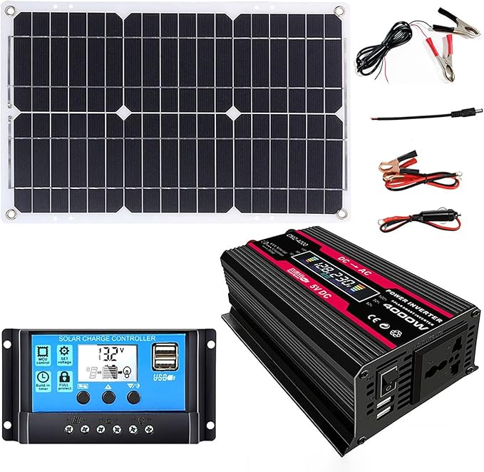 Complete Solar Power System 4000W 12V To 110V/220V Solar System Combination Inverter Solar Panel Kit Home Grid System 30A Controller + 18w12v Solar Panel(Black12V-220V)