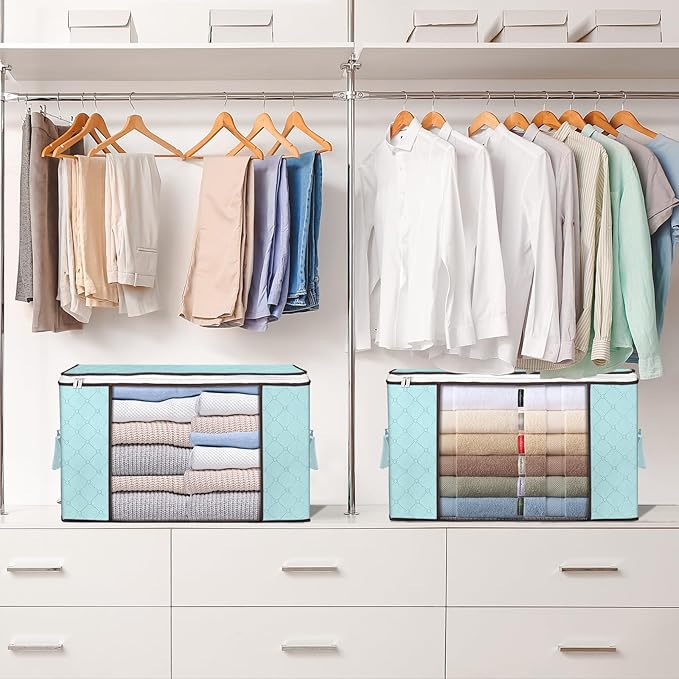 Budding Joy 90L Large Storage Bags 8 Pack Clothes Storage Bins Foldable Closet Organizer Storage Containers with Durable Handles Storage and Organization Blanket Pillows and Toys (Blue)