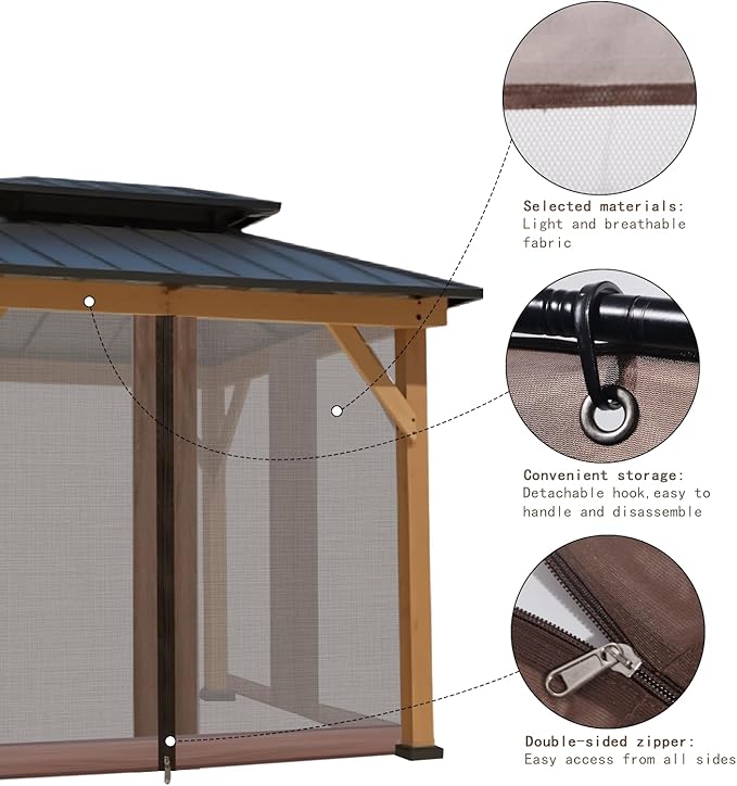 Gazebo Mosquito Netting Universal Replacement 4-Panel Sidewalls with Double Zippers for Patio Backyard Deck and Lawn 10x10 ft (Brown 10 * 12ft)