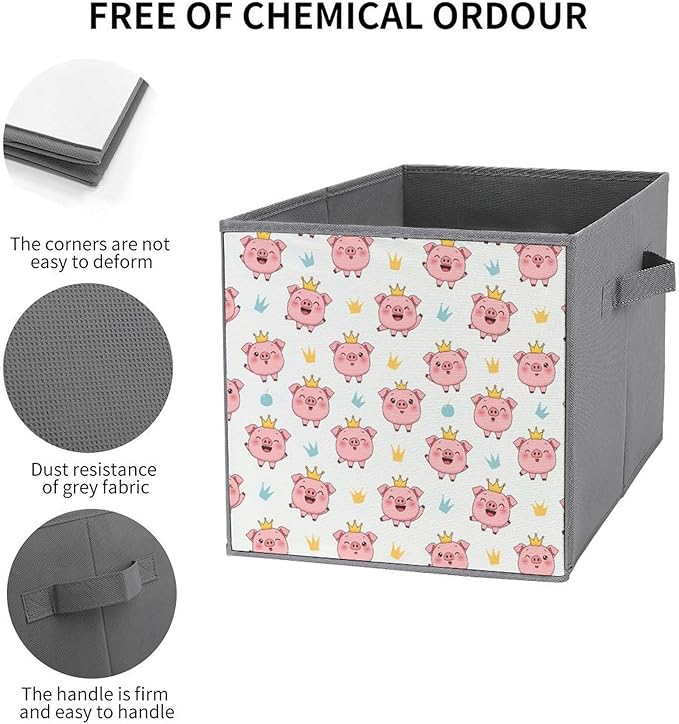 Fabric Storage Bins with Handles Crown Cute Pink Pig Foldable Collapsible Cube Organizer for Shelves Multi-Purpose Box for Bedroom Living Room Closet