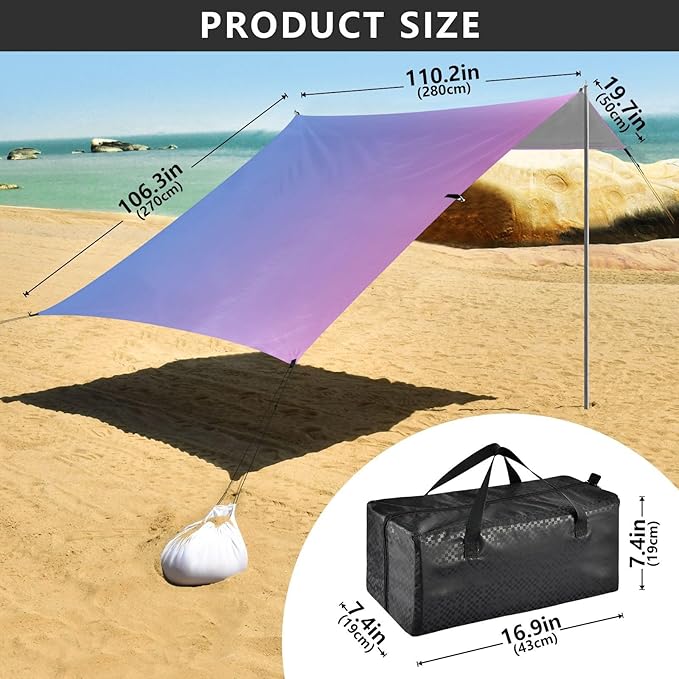 Pink Blue Gradient Foldable Beach Tent UPF50+ Protection Water-Resistant Large Sun Shelter Includes Sand Shovel Sandbags Stability Poles for Family Trips Picnics &amp Camping