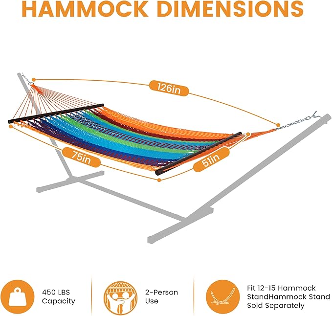 Lazy Daze Hammocks 10.5 FT Double 2 Person Caribbean Rope Hammock Hand Woven Polyester Hammock with Spreader Bars for Outside Outdoor Backyard Patio Poolside 450 LBS Capacity Multicolor