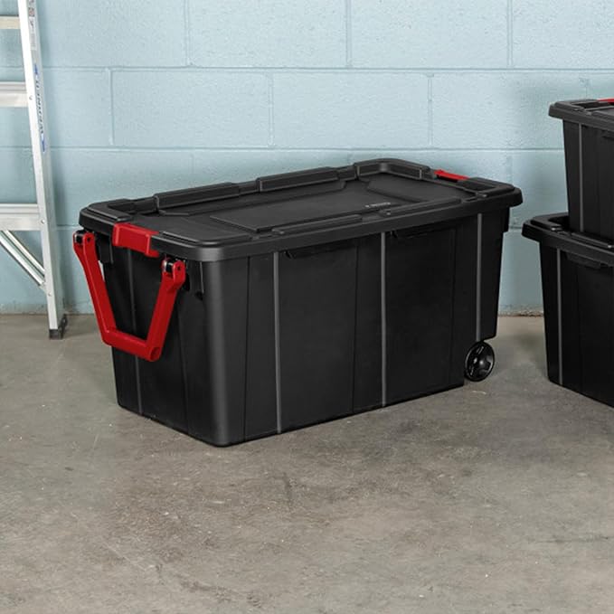 Sterilite 8-Pack Industrial Tote Heavy-Duty Storage Bins w/Lids and Wheels 40 Gallon - Stackable Organizing Containers for Home Garage Office and Basement