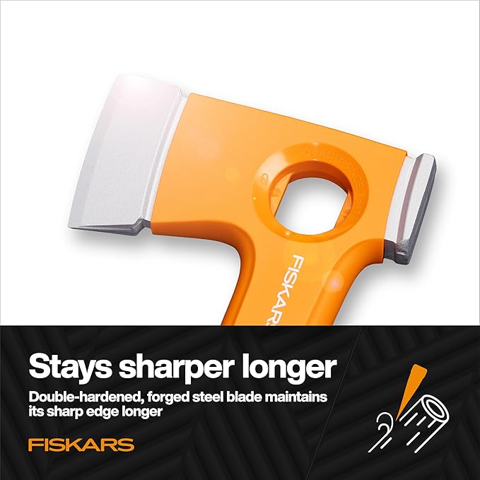 Fiskars X13 Ultralight Hiking Axe 13 Ultra-Sharp Forged Steel Blade for Efficient Chopping &amp Camping 15% Lighter High-Visibility Orange FiberComp Handle Drives Tent Stakes Sheath Included