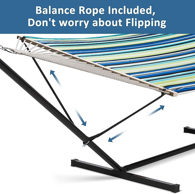 SUNCREAT Hammock with Stand 2 Person Heavy Duty Freestanding Hammock with Spreader Bar Soft Pillow Green Stripes