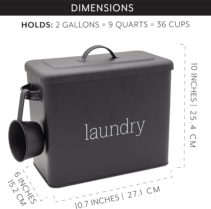 AuldHome Design Enamelware Laundry Powder Container (Black) Enamelware Detergent Bin w/ Scoop