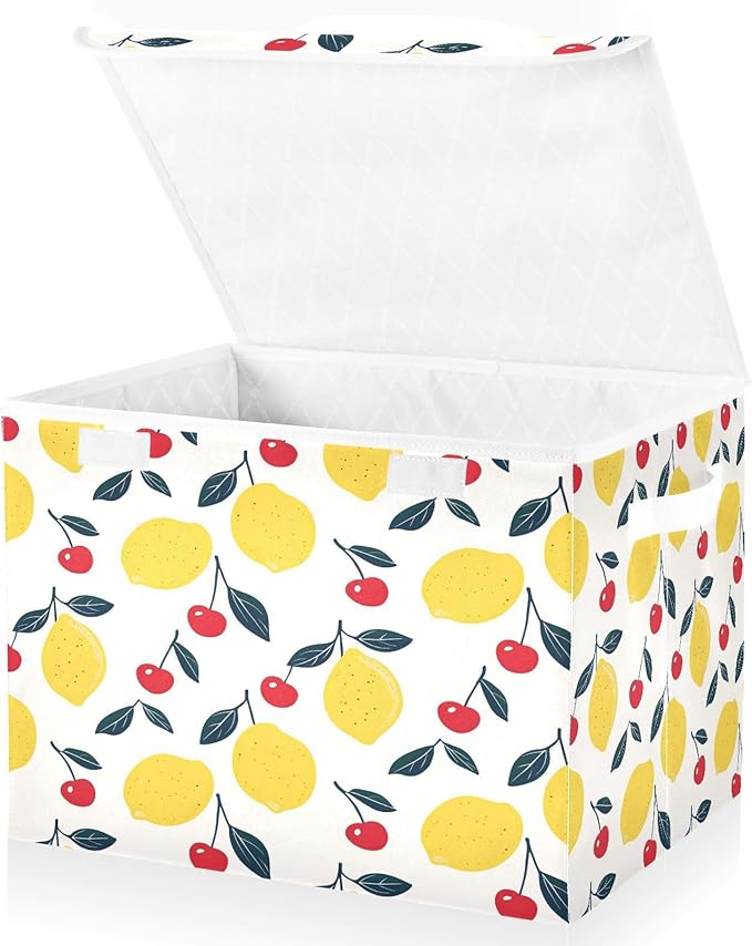 MNSRUU Containers Baskets with Lids Lemon Cherry Fabric Foldable Storage Bins Organizer with Lid Collapsible Storage Boxes for Home Bedroom Closet Office