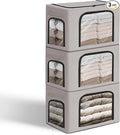GuliPostan 3 Pack 40L Stackable Clothes Storage Bins with Metal Frame Handles &amp Zipper Collapsible Closet Organizer Box with Lid for Bedding Blankets Towel (Light Grey)