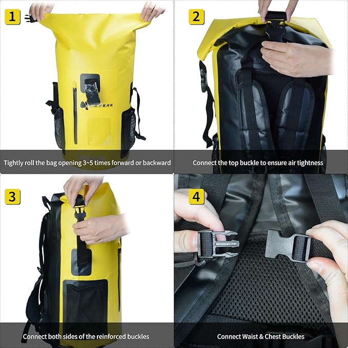 Waterproof Dry Bag Backpack IPX6 Roll-Top Closure Bag Boating &amp Kayak Accessories - Essentials for Camping Swimming Beach Fishing Rafting Travel Yellow