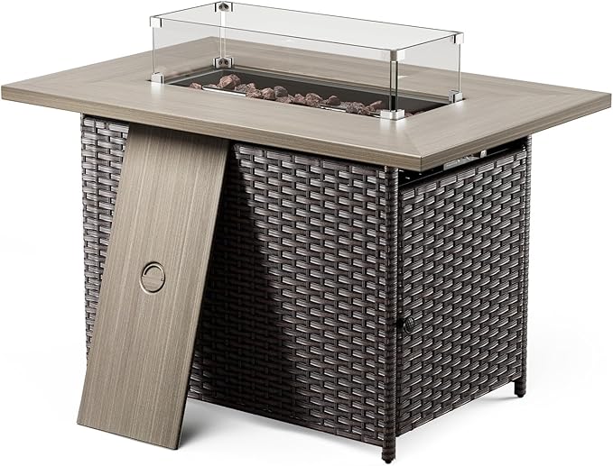 Belord 50000 BTU Propane Fire Pit Table with Lid and Lava Rock 41 inch Rectangular Outdoor Firepit Wicker Furniture Fireplace Table Perfect for Relaxed Outside Patio Backyard Ambiance Brown