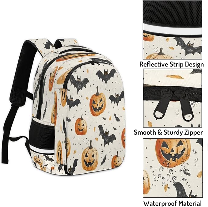 QsirBC Pumpkin Lights Bat Point Leaf Multi Compartment Backpack with Reflective Strips Adjustable Padded Straps Large Capacity Waterproof Duffel Bag for Men Women Work and Daily Use