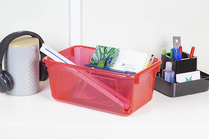 Storex Small Cubby Bins – Plastic Storage Containers for Classroom with Non-Snap Lid 12.2 x 7.8 x 5.1 inches Tint Red 5-Pack (62481A05C)