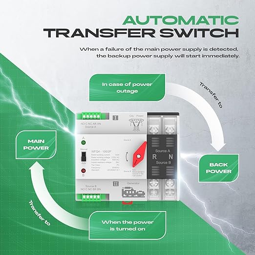 Automatic Transfer Switch 100A AC 220V Dual Power ATS 2P Automatic/Manual Transfer Switch din Rail mounting for Home Generator RVPublic/Backup Power Supply