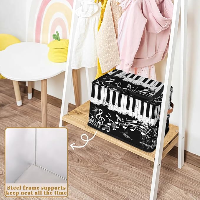 Music Note Ballet Storage Bins with Zipper Lid Collapsible Fabric Storage Basket with Leather Handles Closet Shelf Cloth Organizer Basket for Nursery Bedroom Clothes Toy