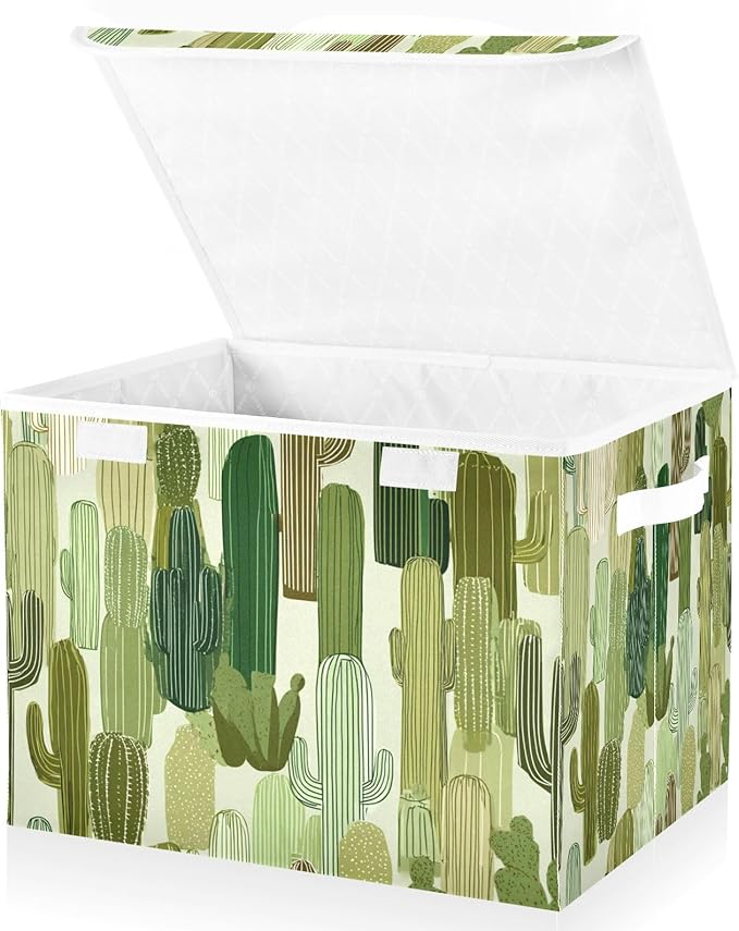 Storage Bins with Lids Storage Containers Box Organizer Bin Basket with Handles for Closet Shelves Clothes Stackable Foldable Decorative Green Line Cacti
