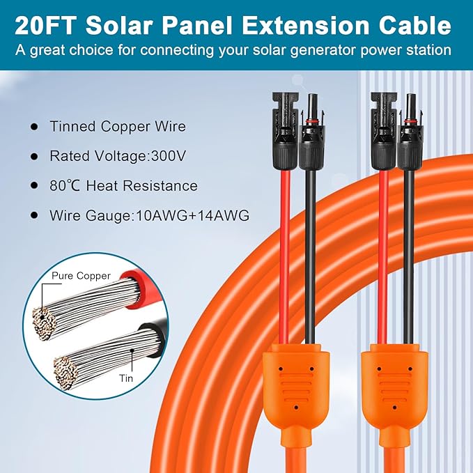 Solar Panel Extension Cable 20FT - MOOKEERF 10AWG+14AWG Solar Wire with Female &amp Male IP68 Waterproof Connector for RV Photovoltaic Systems Home Boat Solar Panels Car