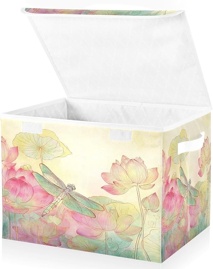 Dragonfly Lotuses Yellow Collapsible Storage Bins with Lids Decorative Fabric Cubes Closet Organizer Basket Boxes Containers for Clothes Box Chest Folding Rectangle