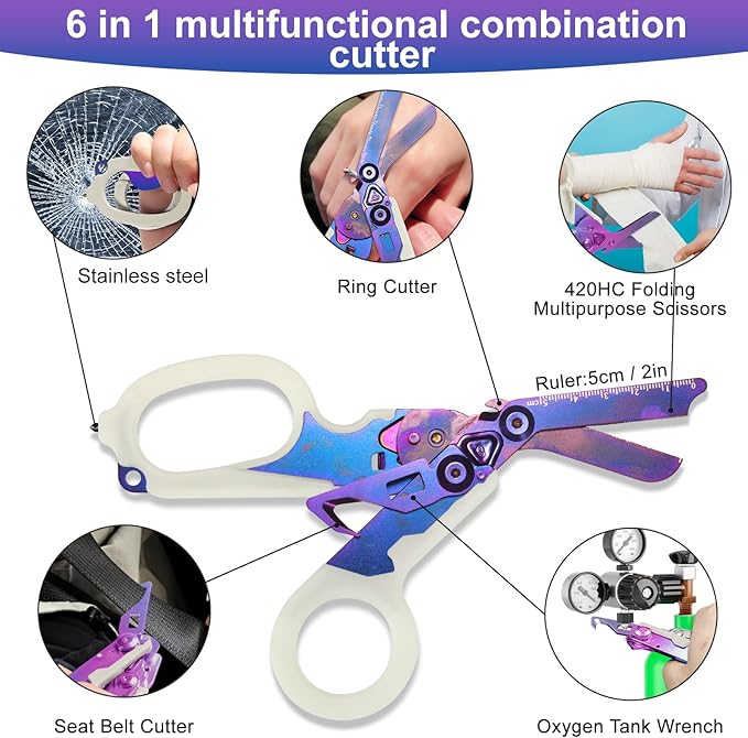 6 in 1 trauma shears folding emergency shear Outdoor Camping Tools Seat Belt Cutter Oxygen Cylinder Wrench Complimentary Adjustable Wrench (Luminous Purple)