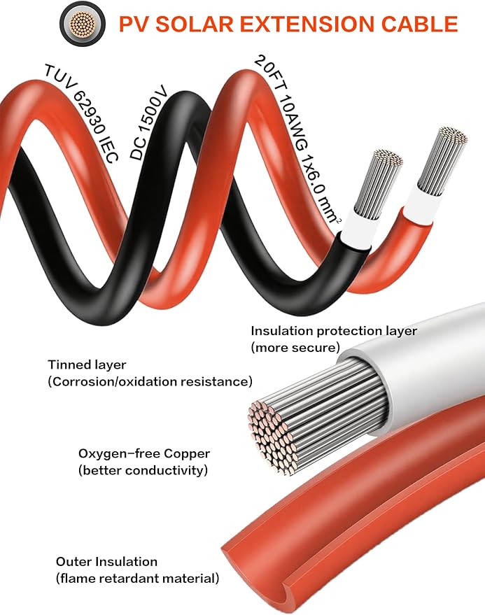 20Feet 10AWG Solar Extension Cable with Female &amp Male Connectors 6mm Solar Panel Weatherproof Wires for Solar Panels RV Marine Camper Ferry Black &amp Red PV Tinned Copper Extension Cord Kit