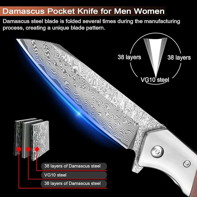 KOMWERO Damascus Pocket Knife with Clip Leather Sheath 3.14 inch Sharp Damascus Steel Knife with Rosewood Handle EDC Damascus Folding Knife for Men Women Camping Collection