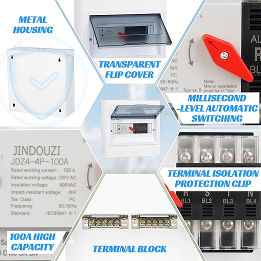 100A Automatic Transfer Switch220V Generator Transfer SwitchMillisecond Level Dual Power Automatic Transfer Switch with Metal Distribution Box