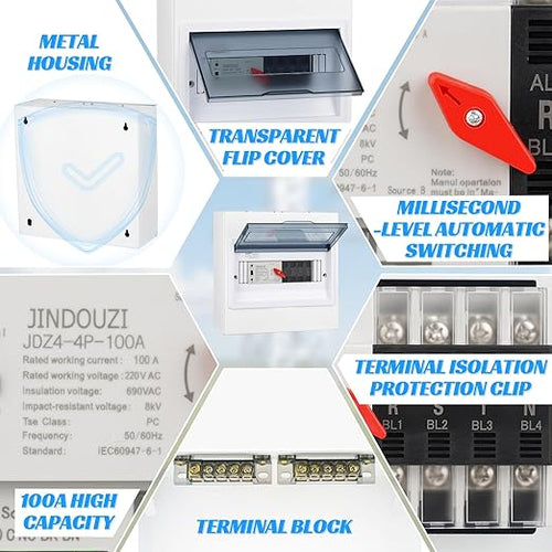 100A Automatic Transfer Switch220V Generator Transfer SwitchMillisecond Level Dual Power Automatic Transfer Switch with Metal Distribution Box