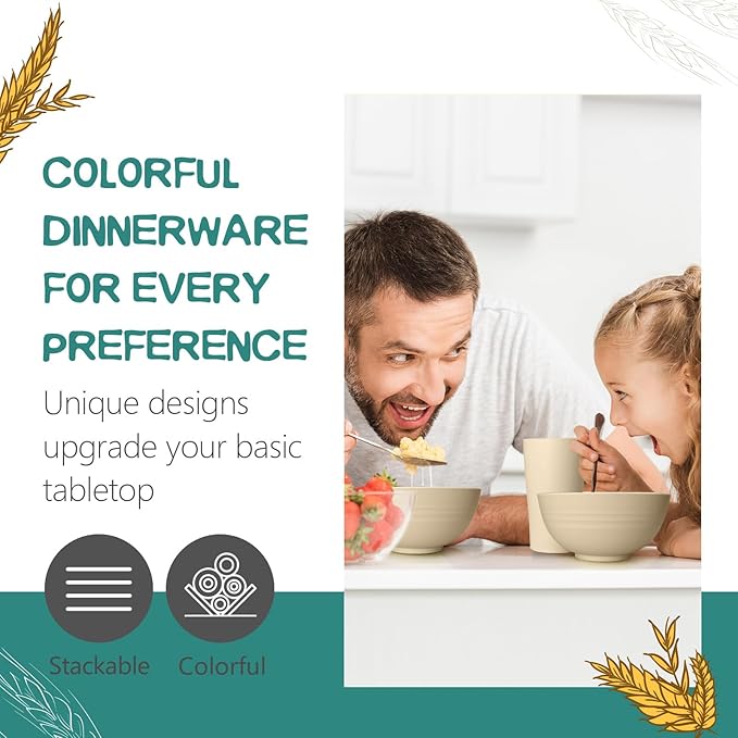 Teivio 32-Piece Kitchen Plastic Wheat Straw Dinnerware Set Service for 8 Dinner Plates Dessert Plate Cereal Bowls Cups Unbreakable Plastic Outdoor Camping Dishes Beige