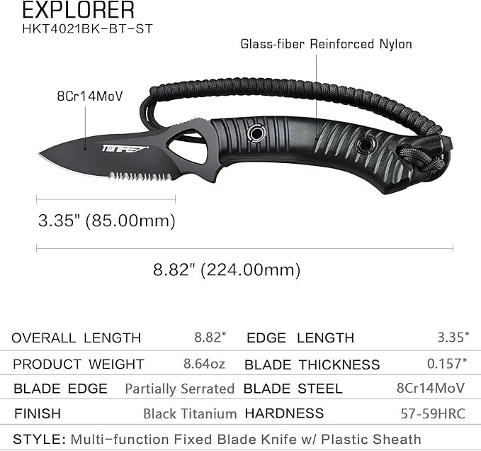 TONIFE Explorer Fixed Blade Knife with Sheath 8Cr14moV Multifunctional Survival Knife Blade with Fiberglass Reinforced Nylon Handle for Outdoor EDC Knife