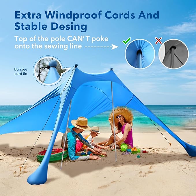 Beach Tent Shade Canopy with UPF50+ Protection Sun Shelter Umbrella Portable Camping Tents with Sandbags Poles and Ground Pegs and Anti-Wind Ropes for Beach Outdoor Camping Backyard Picnics 7.5X7.5Ft