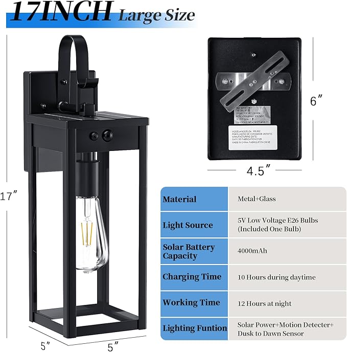 17'' Solar Porch Lights Outdoor 2 Packs Waterproof Motion Lights for Outside Black Dusk to Dawn Outdoor Lighting Modern Wall Sconce Lantern Exterior Lighting Fixtures for House Patio Garage