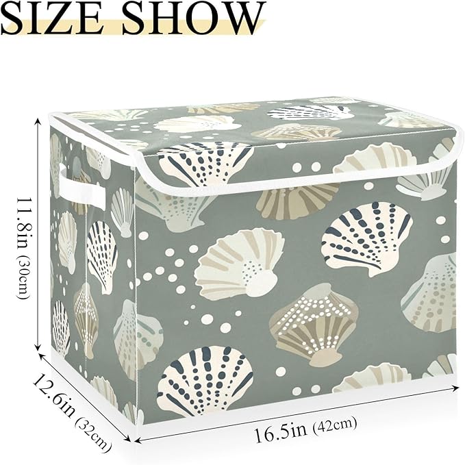 Storage Bins With Lid Stackable Fabric Closet Organizer Clothing Storage Large Boxes For Closet Shelves Bedroom Gray Seashell Pattern