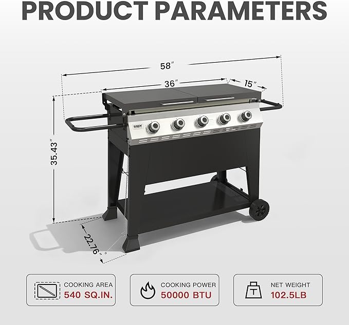 5-Burner Propane Gas Griddle 50000 BTU Outdoor Flat Top Propane Grill with 540 Sq In Cooking Area Rolling Wheels &amp Folding Side Shelves for Camping Tailgating &amp Backyard BBQ Black