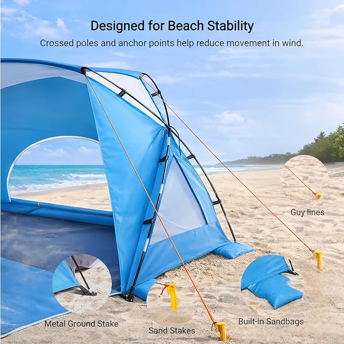 Beach Tent Portable Sun Shelter for 2/3/4/6-8 Person with UPF 50+ UV Protection Easy Setup Waterproof Beach Shade Canopy Cabana for Family Outdoor and Picnics Fishing with Carrying Bag