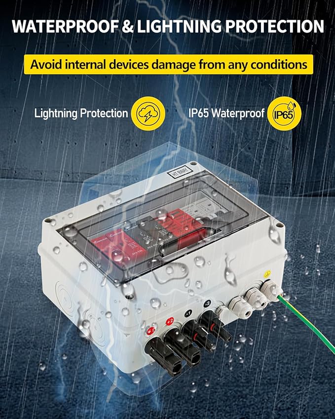VOU 600V Solar DC PV Combiner Box2 String with Lightning Arrester Connector for On/Off Grid Solar Panel System2 Input 1 Out 15A Rated Current Fuse63A Circuit BreakerIP65 WaterproofMCBSPD