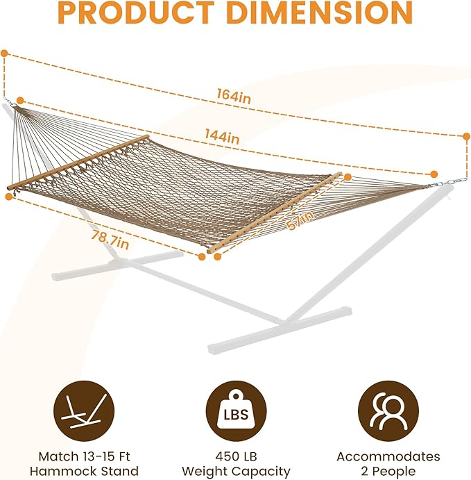 Lazy Daze Hammocks 12FT Double Rope Hammocks 2 Person Hand Woven Cotton Hammock with Spreader Bar Carabiner Tree Strap Chain for Outside FIT 13-15 FT Stand Max 450 Lbs Brown