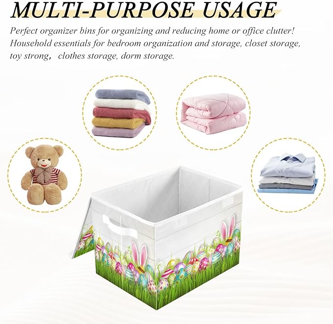 Storage Bins with Lids and HandlesEaster Eggs Grass Storage Box Storage Basket with Cover Collapsible Organizer Containers for Home Closet Shelves