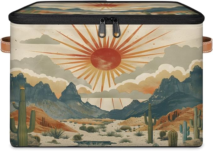 Cactus Storage Bins with Lids Desert Sunset Fabric Storage Boxes with Zipper Collapsible Decorative Closet Organizer Cube for Clothes Organizing Shelves
