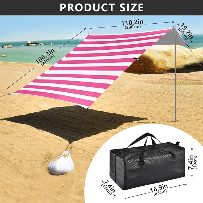ALAZA Pink White Striped Beach Tent Sun Shelter Portable Canopy Sunshade for Outdoor Camping Picnics Backyard Fun 10x9 ft