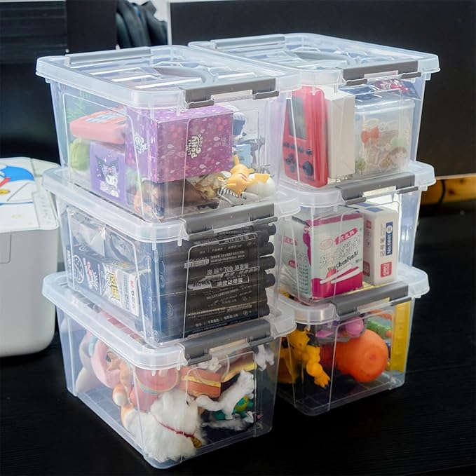 Eslite 6 Quart Plastic Stackable Storage Latch BinsClear Latching Box with Handle and LidPack of 6 (Grey Handle)