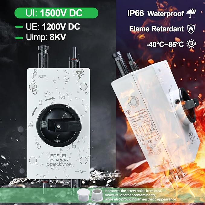 Solar Disconnect Switch 4-Pole DC1500 32A Isolator Solar Switch with Enclosure for Rooftop Solar Systems RVs and Boat Waterproof IP66 Black 2MC4