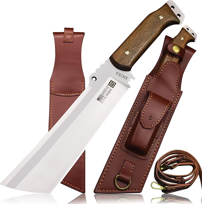 WPKOPYA Fixed Blade Outdoor Knife &ampLeather sheath single shoulder strapDC53 Steel Full Tang 6.6” Sharp Blade Wooden Handle 13.6” Tactical Survival Knife for Camping Hiking Bushcraft Cooking