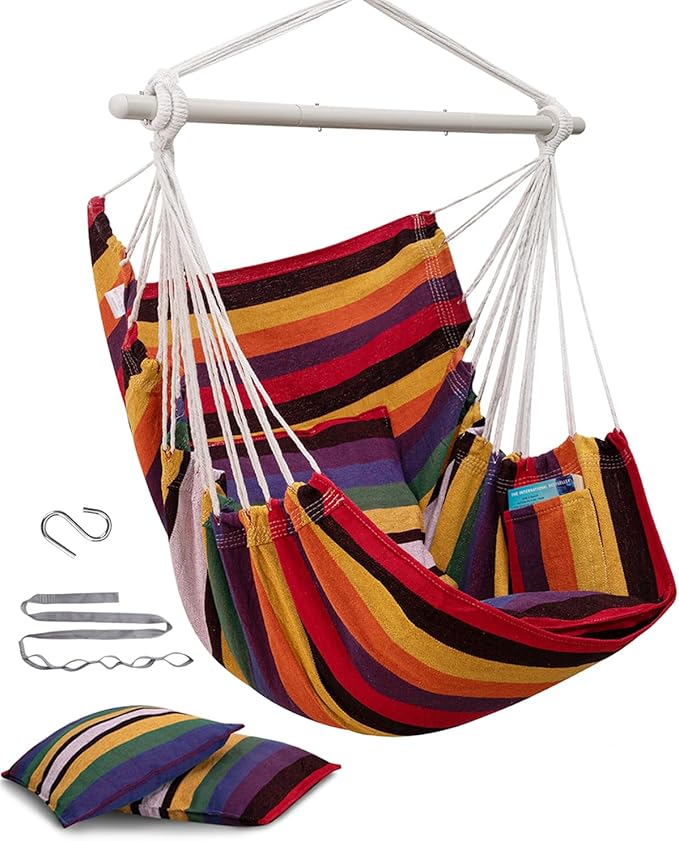 MIZTLI Hammock Chair Hanging Chair Swing Chair Hanging Chair for Bedroom Indoor Outdoor- Max 500 Lbs－Steel Spreader Bar with Anti-Slip Rings 2 Cushions