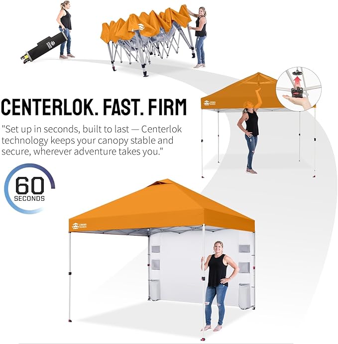 CROWN SHADES Canopy Tent 10 x 10 Foot Portable Pop Up Outdoor Shelter with Pocket Sidewall Push Center Lock UV Protection and Carry Bag Orange