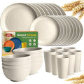 Teivio 32-Piece Kitchen Plastic Wheat Straw Dinnerware Set Service for 8 Dinner Plates Dessert Plate Cereal Bowls Cups Unbreakable Plastic Outdoor Camping Dishes Beige