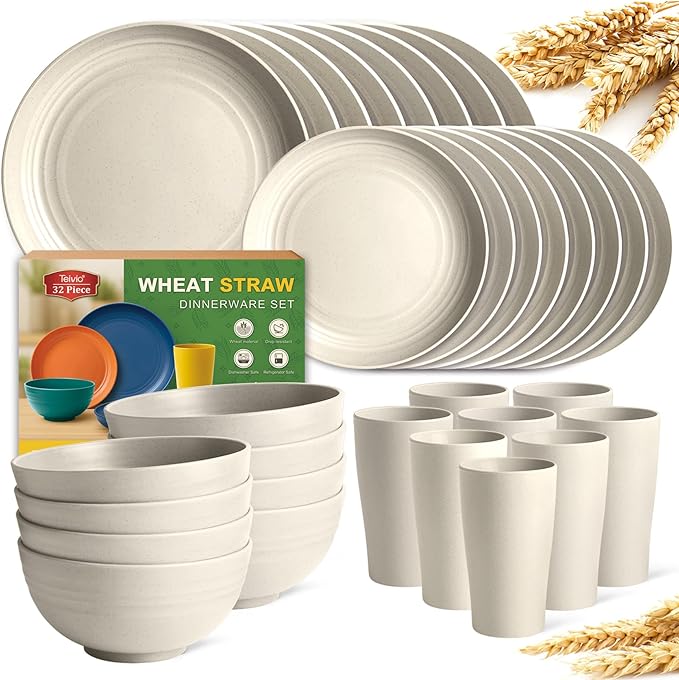 Teivio 32-Piece Kitchen Plastic Wheat Straw Dinnerware Set Service for 8 Dinner Plates Dessert Plate Cereal Bowls Cups Unbreakable Plastic Outdoor Camping Dishes Beige