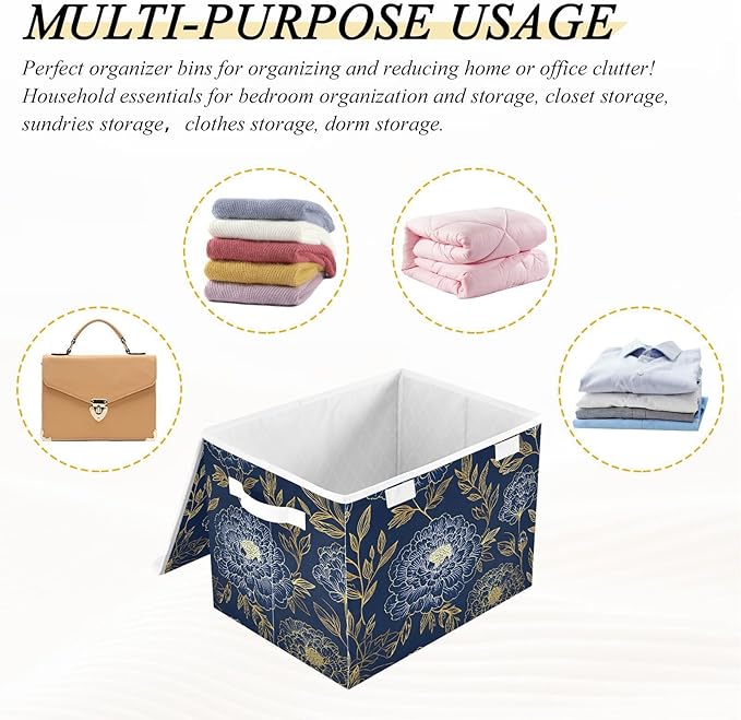 susiyo Large Foldable Storage Bin with Flip-Top Lid Dark Blue Gold Marigold Storage Box Collapsible Closet Organizer Containers Boxes Decorative Baskets with Handles for Home Bedroom Living Room Offi
