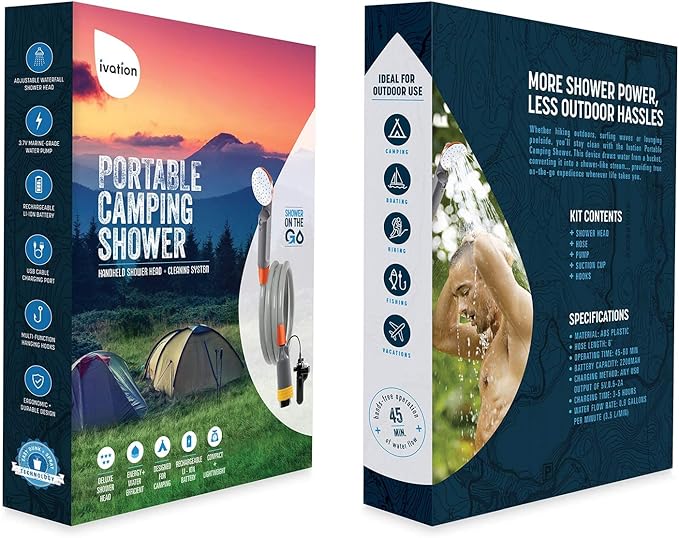 Ivation Portable Camping Shower | Compact Handheld &amp Hands-Free Rechargeable Outdoor Shower Head &amp Cleaning System w/ 3.7V Pump 6-Ft Hose Bidet Head Removable Filter Multiuse Hook &amp US